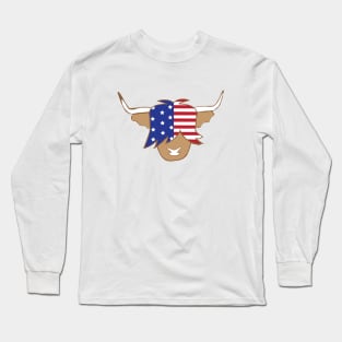 Highland cow USA flag blue red and white coo Long Sleeve T-Shirt